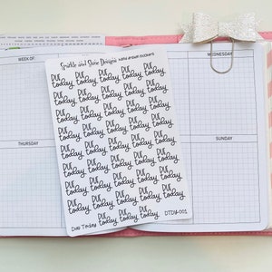 May include: A sheet of black and white hand-drawn stickers with the text "DUE today" repeated multiple times. The stickers are designed for use in a planner or journal.