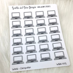 May include: A sheet of 20 black and white hand-drawn laptop computer stickers. The stickers are designed for use in a planner or journal. The text "Work - Computer" and "WRK-001" are printed on the sheet.