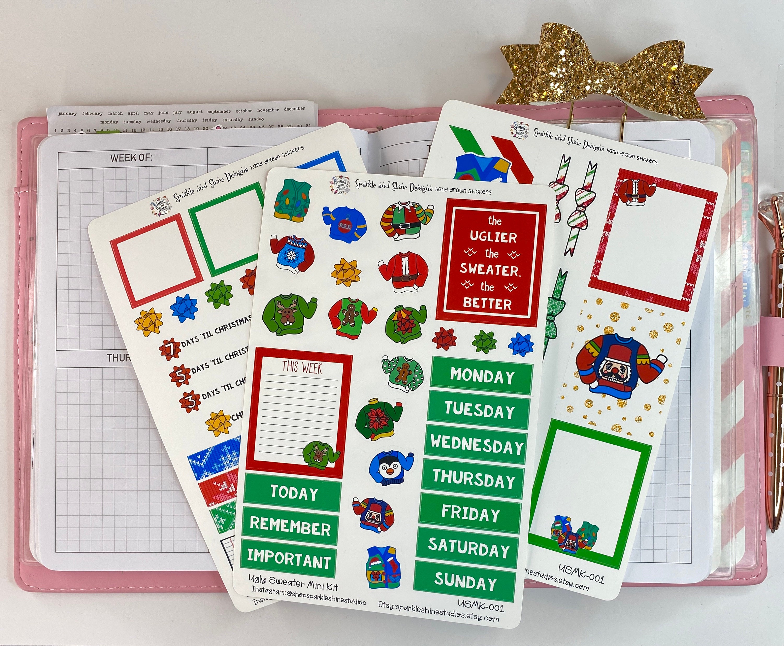 What Ugly Sweater Christmas verticale planner sticker volledige weekset | 1,5" brede kolommen