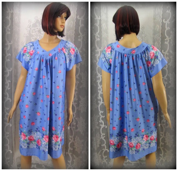 Women's night gown, Floral night gown, Blue night