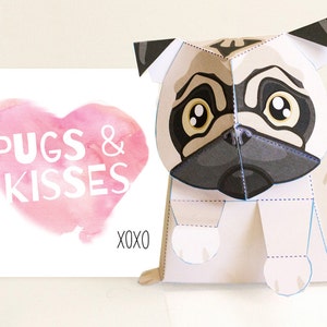 Pug / Valentine's Day card / Pug toy / Printable / DIY Paper craft Kit / 3D Pug / INSTANT Download by Kooee Papercraft image 1