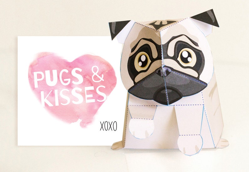 Pug / Valentine's Day card / Pug toy / Printable / DIY Paper craft Kit / 3D Pug / INSTANT Download - by Kooee Papercraft 