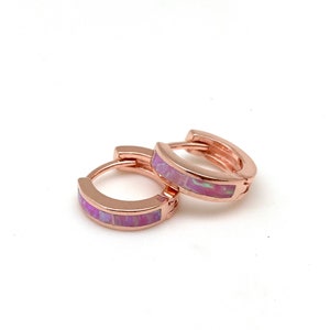 Rose Gold Pink Opal Huggies / Pink Opal Hoop Earrings / 12mm x 3mm Rose Gold Hoops / Small Opal Hoops / Rose Gold Plated Sterling Silver