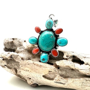 Turquoise Coral Silver Pendant // Natural Turquoise and Coral // Turquoise Flower Pendant // Southwest Turquoise // 925 Sterling Silver