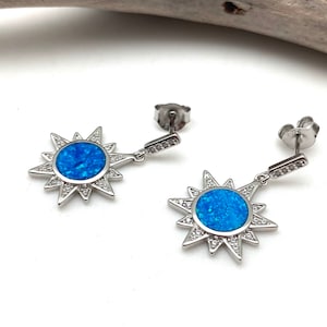 Blue Opal Post Earrings // Blue Opal Sun Dangly Earrings // Blue Opal Sun Earrings / 925 Sterling Silver // October Birthstone