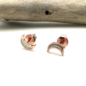 White Opal Moon Post Earrings / Opal Crescent Moon Stud Earrings / Minimalist / Rose Gold Plated 925 Sterling Silver