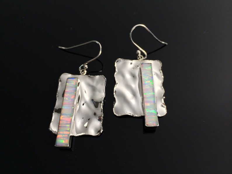 White Fire Opal Earrings Sterling Silver Hammered Rectangular Setting Geometric Opal Earrings Opal Earrings Opal