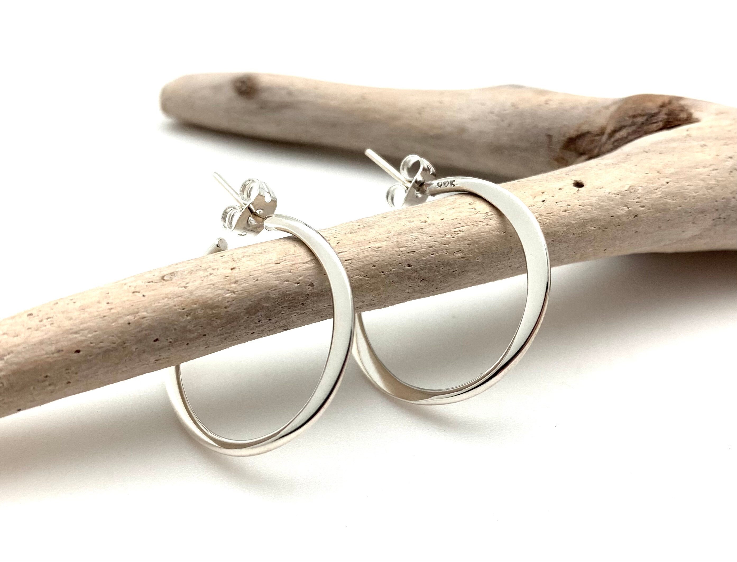 Little Tapered Hoop Post Earrings / 15mm Silver Post Hoops