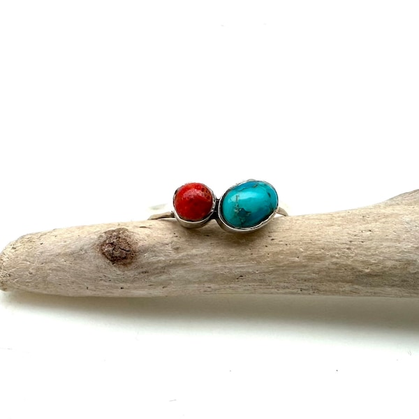 Turquoise Coral Southwest Ring 6-11  // 925 Sterling Silver // Natural Turquoise and Coral