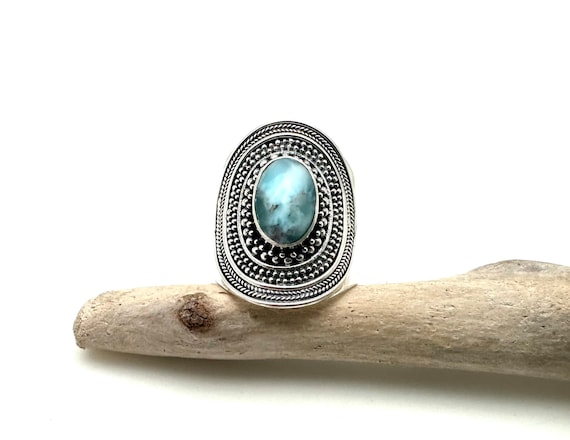 Handmade Oval Larimar Ring, Sterling Silver, Designer Gemstone