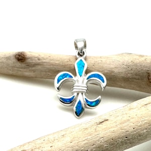 Blue Opal Fleur De Lys Pendant 25mm // Simple Blue Opal Cross Pendant // Modern Minimalist Opal Necklace // Sterling Silver