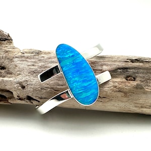 Blue Opal Silver Cuff 7-8 inch // Light Blue Opal Modern Silver Cuff // Silver Cuff Bracelet // 925 Sterling Silver