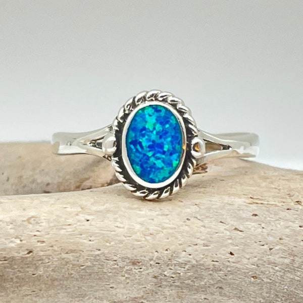 Bead and Rope Opal Ring, 925 Sterling Silver, Blue Opal Ring, Sizes 5 to 10