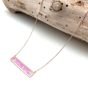Pink Opal Rose Gold Necklace 16&quot; to 18&quot; // White Opal Bar Necklace // Rose Gold Simple Necklace // Minimalist Opal // 925 Sterling Silver