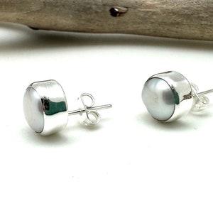 Silver Pearl Post Earrings 10mm / White Pearl Stud Earrings / 925 Sterling / Handmade Organic Pearl Earrings / June Birthstone