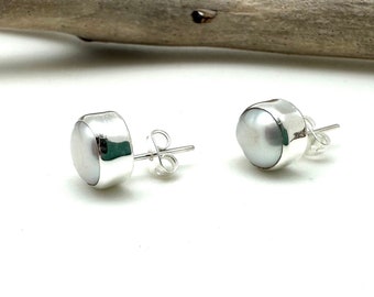 Silver Pearl Post Earrings 10mm / White Pearl Stud Earrings / 925 Sterling / Handmade Organic Pearl Earrings / June Birthstone