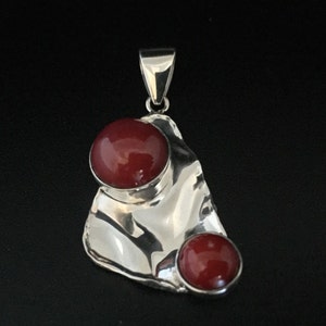 Natural Red Coral Pendant Bezel Set in 925 Sterling Silver // Hammered Finish