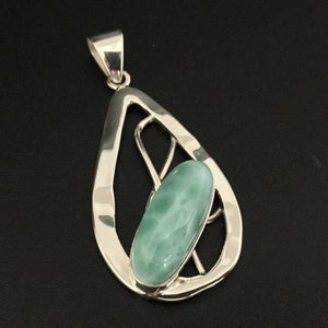 Larimar Teardrop Pendant // 925 Sterling Silver // Natural Larimar // Hammered Finish