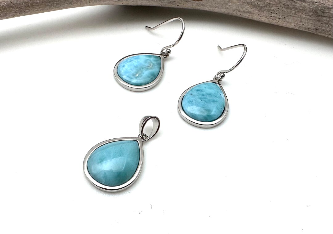 Orecchini a goccia in argento sterling con larimar, gioielli con pietre preziose - Italia Orecchini a goccia in argento sterling con larimar, gioielli con pietre preziose - Italia