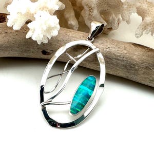 Green Fire Opal Pendant // 925 Sterling Silver // Hammered Feeform Oval Shape // Green Opal Pendant