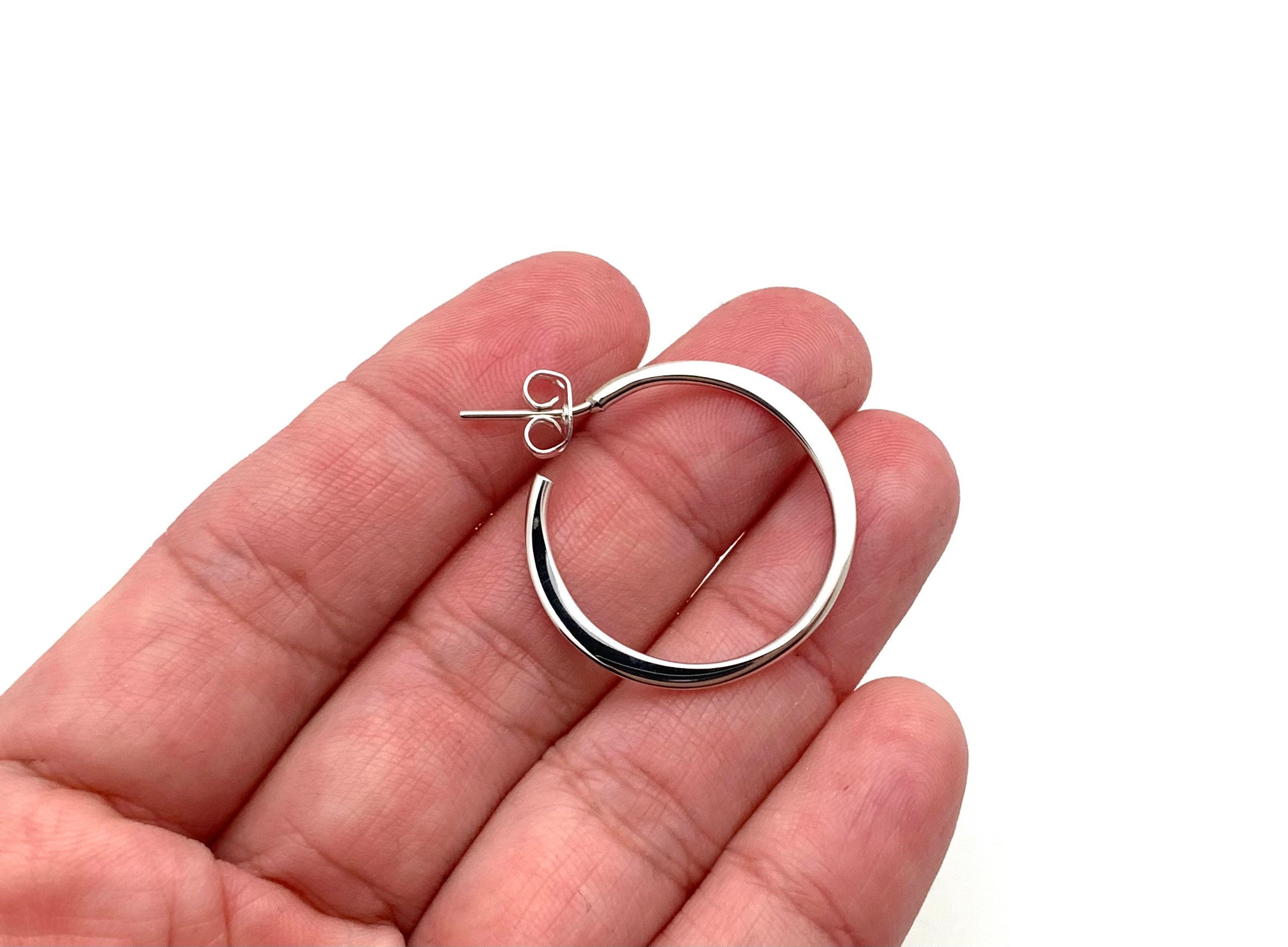 Little Tapered Hoop Post Earrings / 15mm Silver Post Hoops