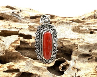 Red Coral Pendant 30mm // Red Coral Swirl Bead Pendant // 925 Sterling