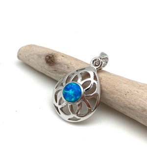 Opal Flower Pendant Necklace / Blue Opal Silver Flower / Blue Opal Pendant 20mm with  18&quot; Chain Option / Blue Opal Sterling Silver