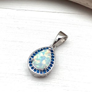White Opal with Sapphire Pendant // White Teardrop Opal Silver Necklace with Chain // October Birthstone // Smooth Opal // 925 Sterling