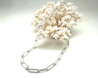 Silver Paper Clip Necklace 18”, 20”, 22”, 24” // 925 Sterling Silver // Modern Rectangle Link Chain // Hidden Push In Carabiner Clasp