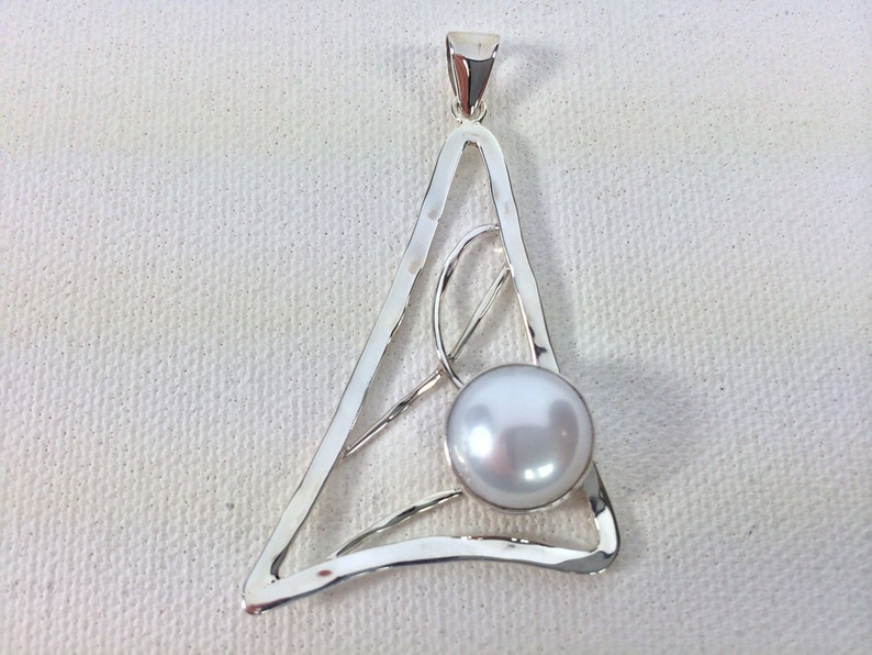 Geometric Silver Pearl Pendant 925 Sterling Silver Hammered Triangle Shape