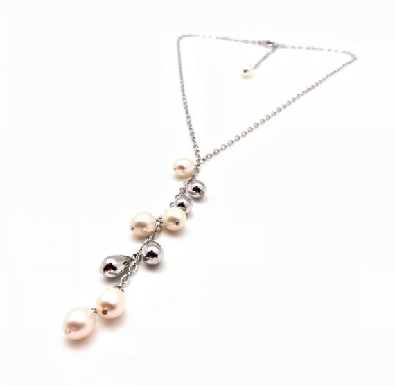 Long Pearl Y Necklace // 925 Sterling Silver //long Pearl