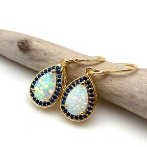 White Opal with Sapphire Earrings // White Teardrop Opal Gold Earrings // October Birthstone // Gold Plated Silver // 925 Sterling Silver