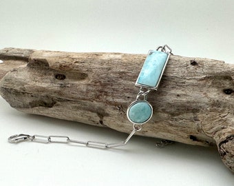 Bracciale in argento Larimar - Bracciale geometrico in argento Larimar - Larimar naturale - Bracciale con graffetta - Da 6,5 a 7,5 pollici - Sterling 925