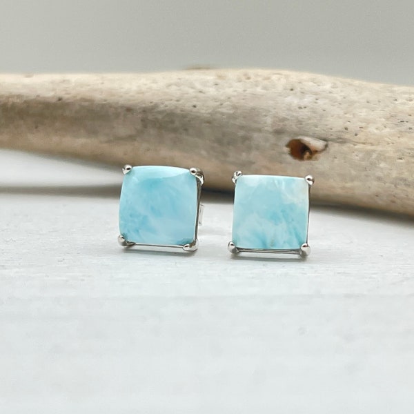 Larimar Post Earrings 6mm, 8mm / Square Larimar Post Earrings / Geometric Larimar Studs / Post In the Center Earrings / 925 Sterling Silver