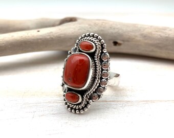 Silver Coral Ring size 6.5 // Red Coral Silver Ring // Red Bamboo Coral Bali Ring // Coral Statement Ring // Multi Coral 925 Sterling Silver