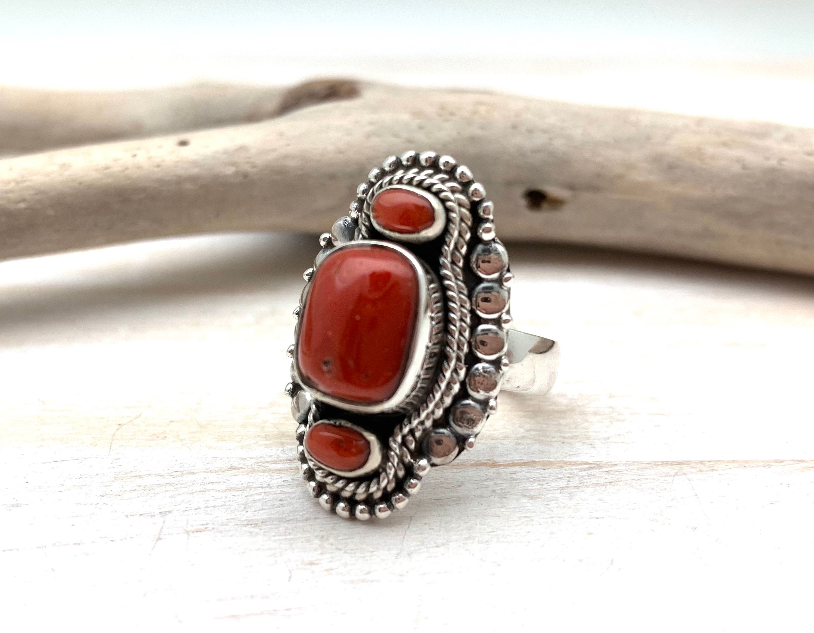 coral ring silver 925 コーラルリング Silver Coral Ring Size 6.5 // Red Coral Silver Ring // Red Bamboo