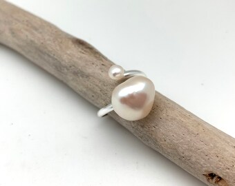 Pearl Silver Wrap Ring Adjustable size 6 to 9 / Pearl Wrap Silver Ring / Freshwater White Pearl / Freeform Pearl / 925 Sterling Silver