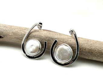 Moderne parel post oorbellen 30 mm//grote zilveren ingelijste parel oorbellen//natuurlijke parel oorbellen//925 sterling