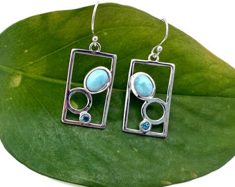 Larimar Blue Topaz Earrings // Geometric Rectangle // 925 Sterling Silver