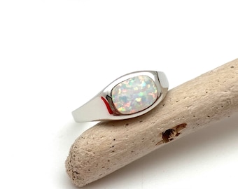 White Opal Signet Ring, 925 Sterling Silver, Minimalist Boho