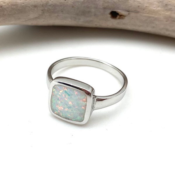 Opal Square Silver Ring - 925 Sterling Silver - Modern Minimalist Geometric White Opal Ring - Size 5, 6, 7, 8, 9, 10