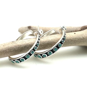 Turquoise Silver Hoop Earrings 25mm / Silver Turquoise Dots Earrings / Turquoise Oxidized Hoops / 925 Sterling