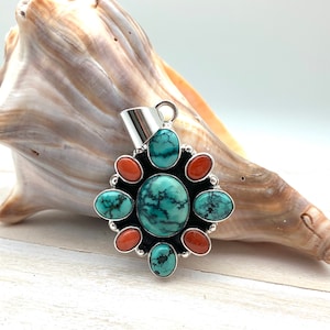 Turquoise Coral Silver Pendant // Natural Turquoise and Coral // Turquoise Flower Pendant // Southwest Turquoise // 925 Sterling Silver