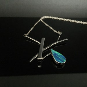 Blue Opal Necklace // 925 Sterling Silver // Blue Fire Opal // Twig Teardrop Shape // Rhodium Finish