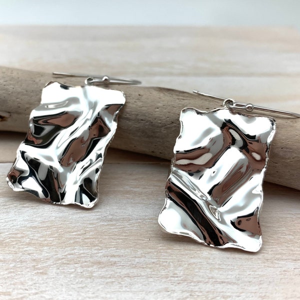 Geometric Silver Earrings // Lightly Hammered Rectangular Silver Earrings // Minimalist Modern / Wavy Silver Rectangle / 925 Sterling Silver
