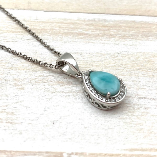 Larimar Teardrop Filigree Silver Pendant // Silver Larimar Ornate Pendant // Teardrop Larimar Pendant // Larimar Necklace // 925 Sterling