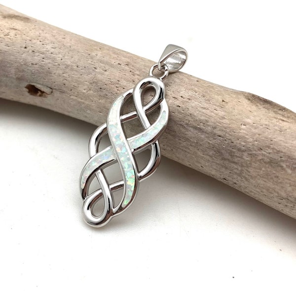 Opal Silver Pendant 30mm // White Opal Infinity Pendant // Celtic Opal Pendant // Sterling Silver // October Birthstone