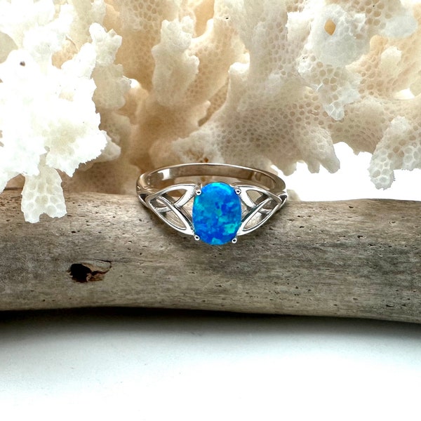 Blue Opal Celtic Ring 4-12, 925 Sterling Silver, Blue Opal Ring