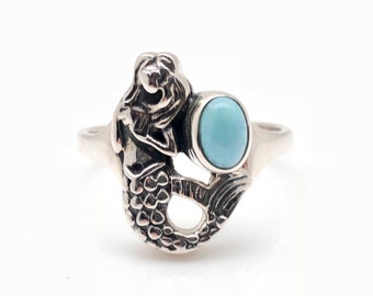 Silver Mermaid with Larimar Ring // 925 Sterling Silver // Hand made // Larimar Mermaid Ring // Sea Life Jewelry
