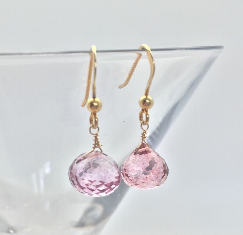 Pink Quartz Gold Earrings Pink Quartz Onion Briolette Gold Vermeil
